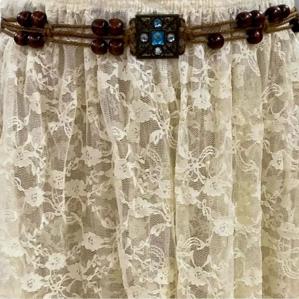 Brown Beaded Macrame Antique Brass Blue Crystal Fringe Belt NWT
